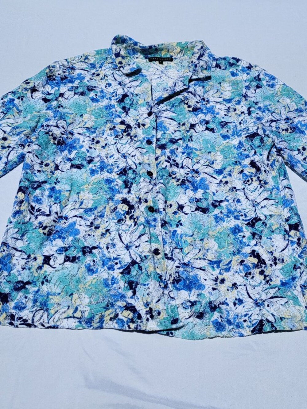 Napa Valley Top Blouse Women's Large Blue Floral Button Down Crochet Shirt